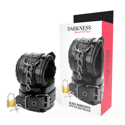 DARKNESS - BLACK, ADJUSTABLE LEATHER HANDCUFFS WITH PADLOCK