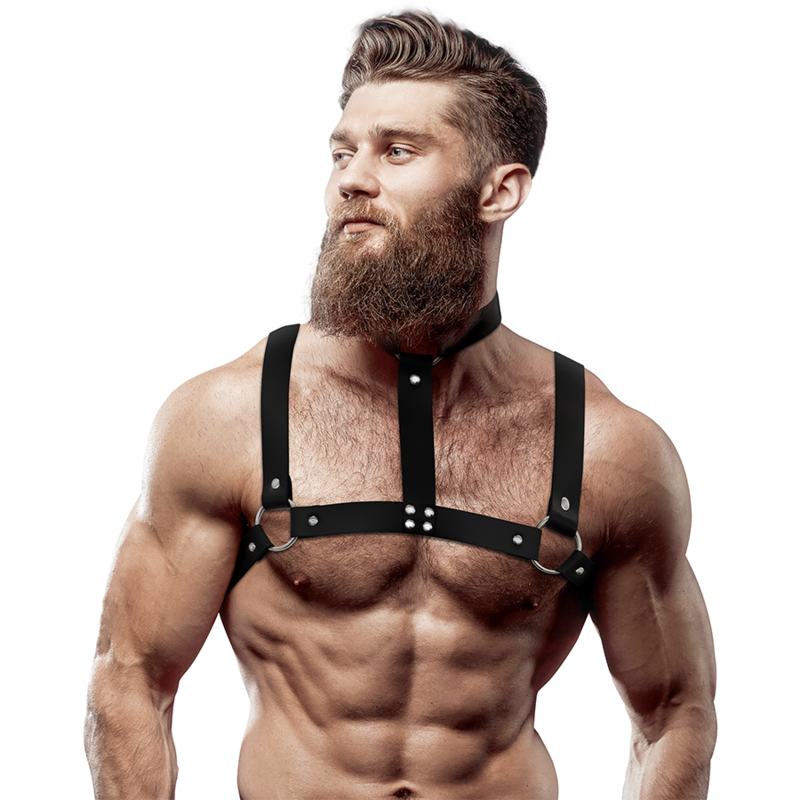 FETISH SUBMISSIVE ATTITUDE - ADJUSTABLE ECO-LEATHER CHEST STRAP WITH NECKLACE FOR MEN