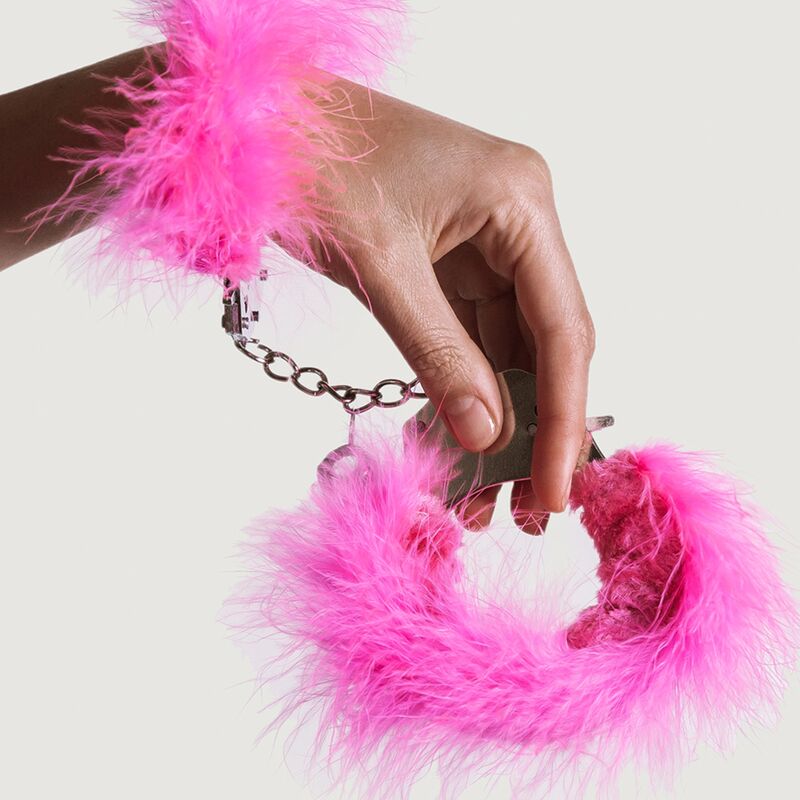 ADRIEN LASTIC – METAL HANDCUFFS WITH PINK FEATHERS