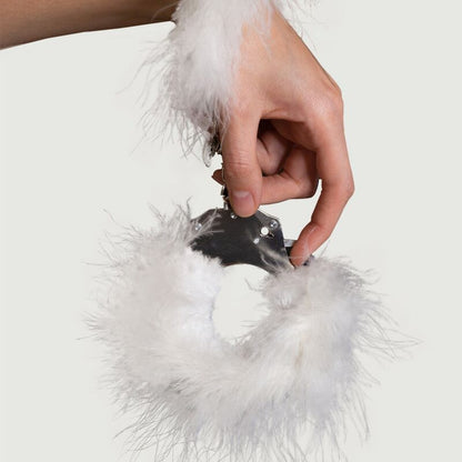 ADRIEN LASTIC – METAL HANDCUFFS WITH WHITE FEATHERS