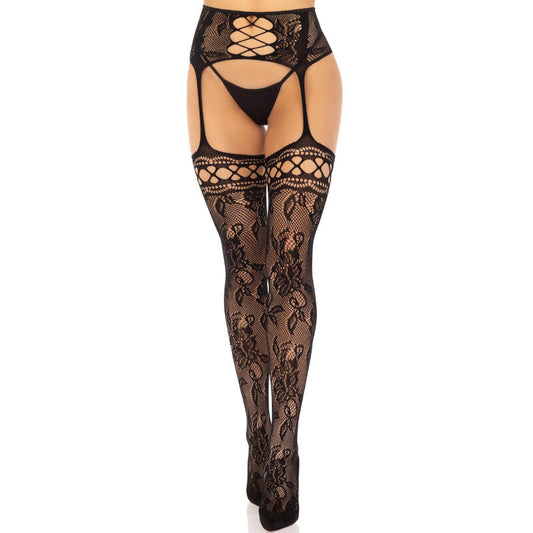 LEG AVENUE - FLORAL LACE STOCKINGS, BLACK