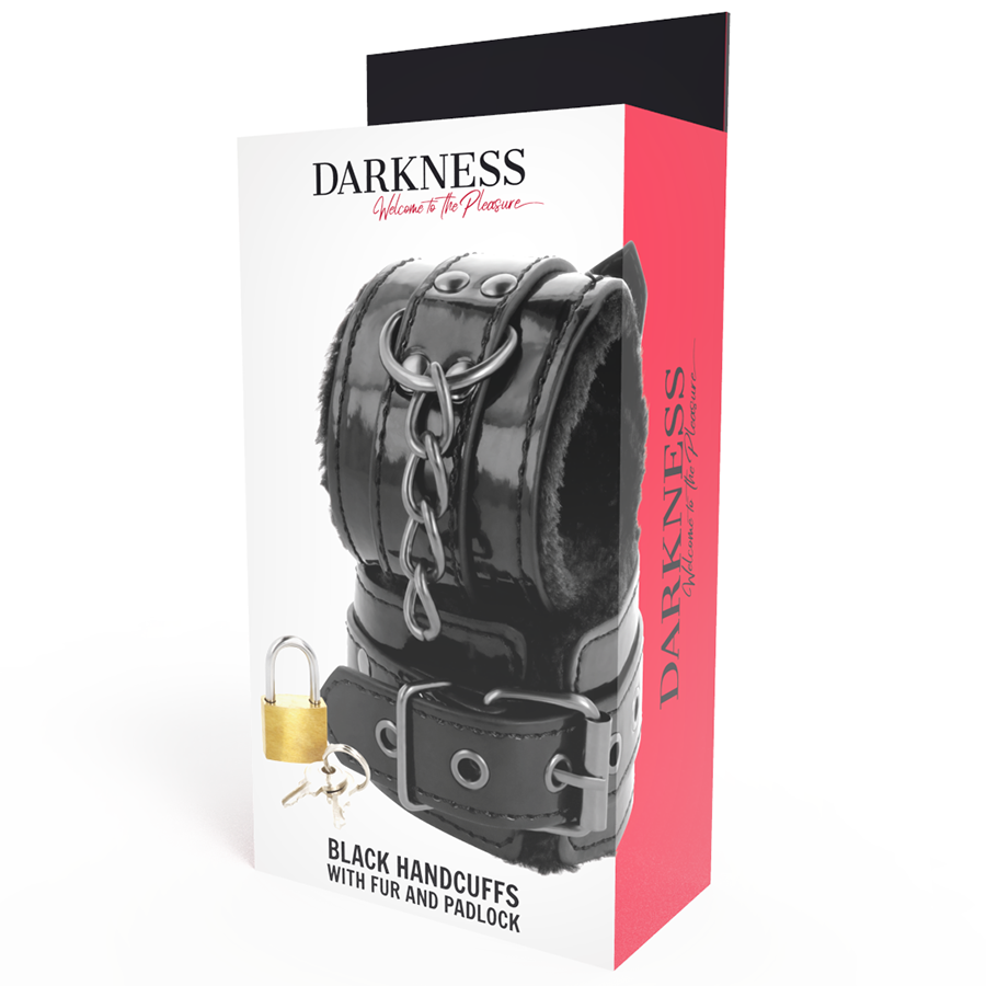 DARKNESS - BLACK, ADJUSTABLE LEATHER HANDCUFFS WITH PADLOCK